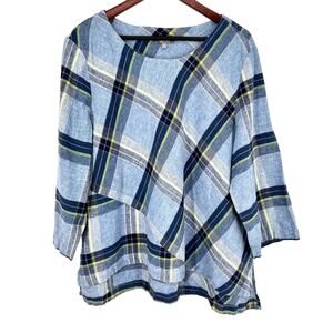 Habitat Plus Size XXL 2X 55% LINEN Wearable Art to Wear Blue Plaid Shirt Top